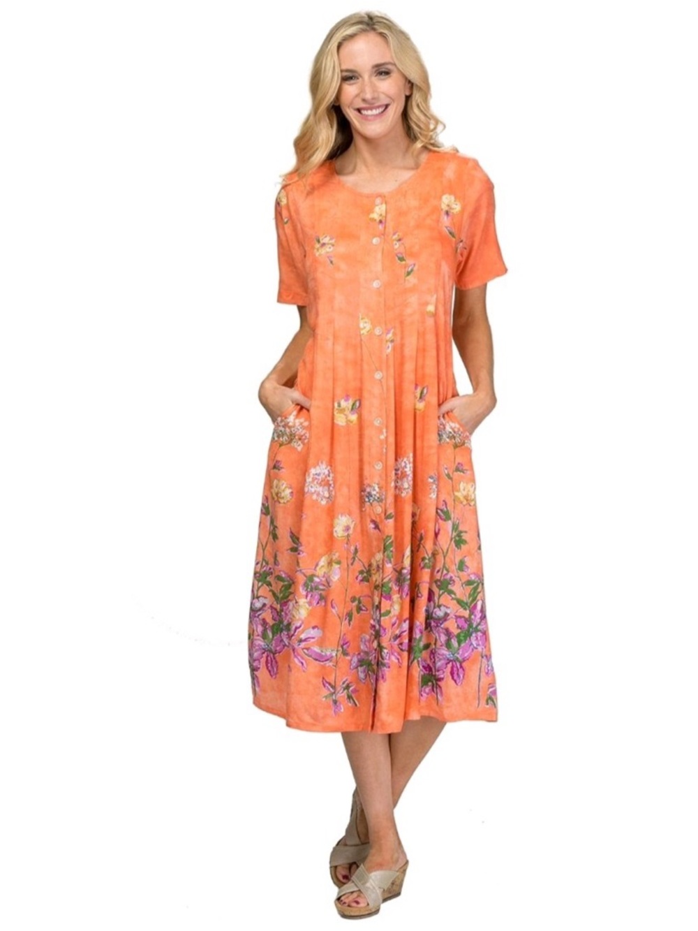 La Cera Orange Floral Button-Front Midi Dress Short Sleeve with Pockets Size M